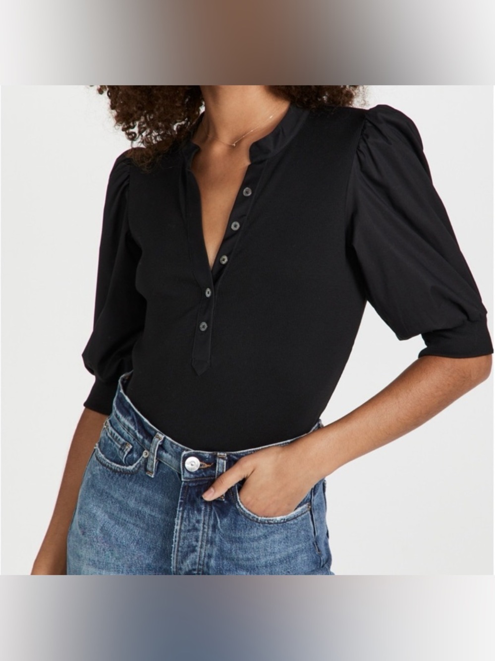 Veronica Beard Black Puff-Sleeve Henley Bodysuit